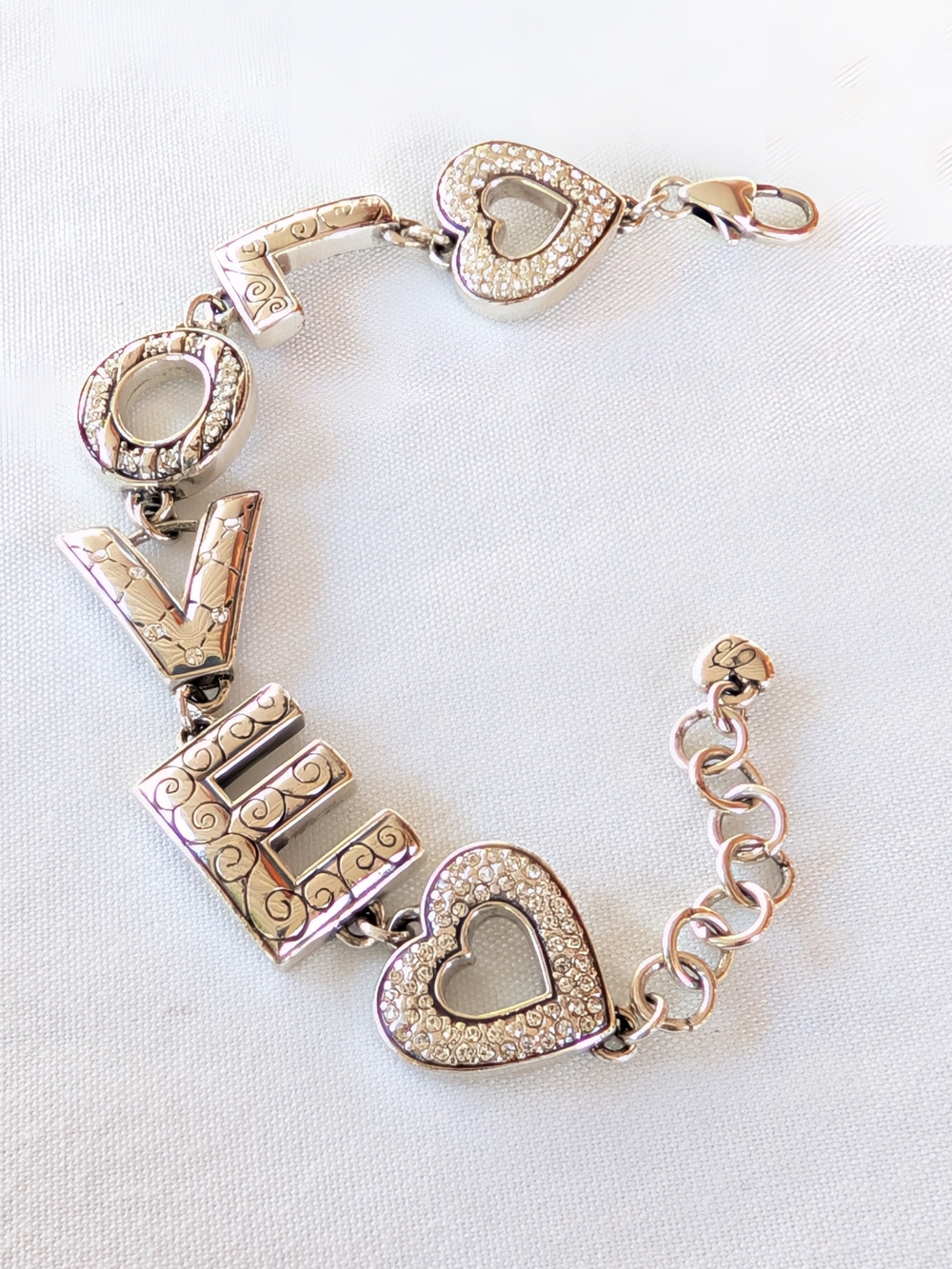 Brighton Silver-Tone 'LOVE' Heart Charm Bracelet - Sparkling Crystal Accents